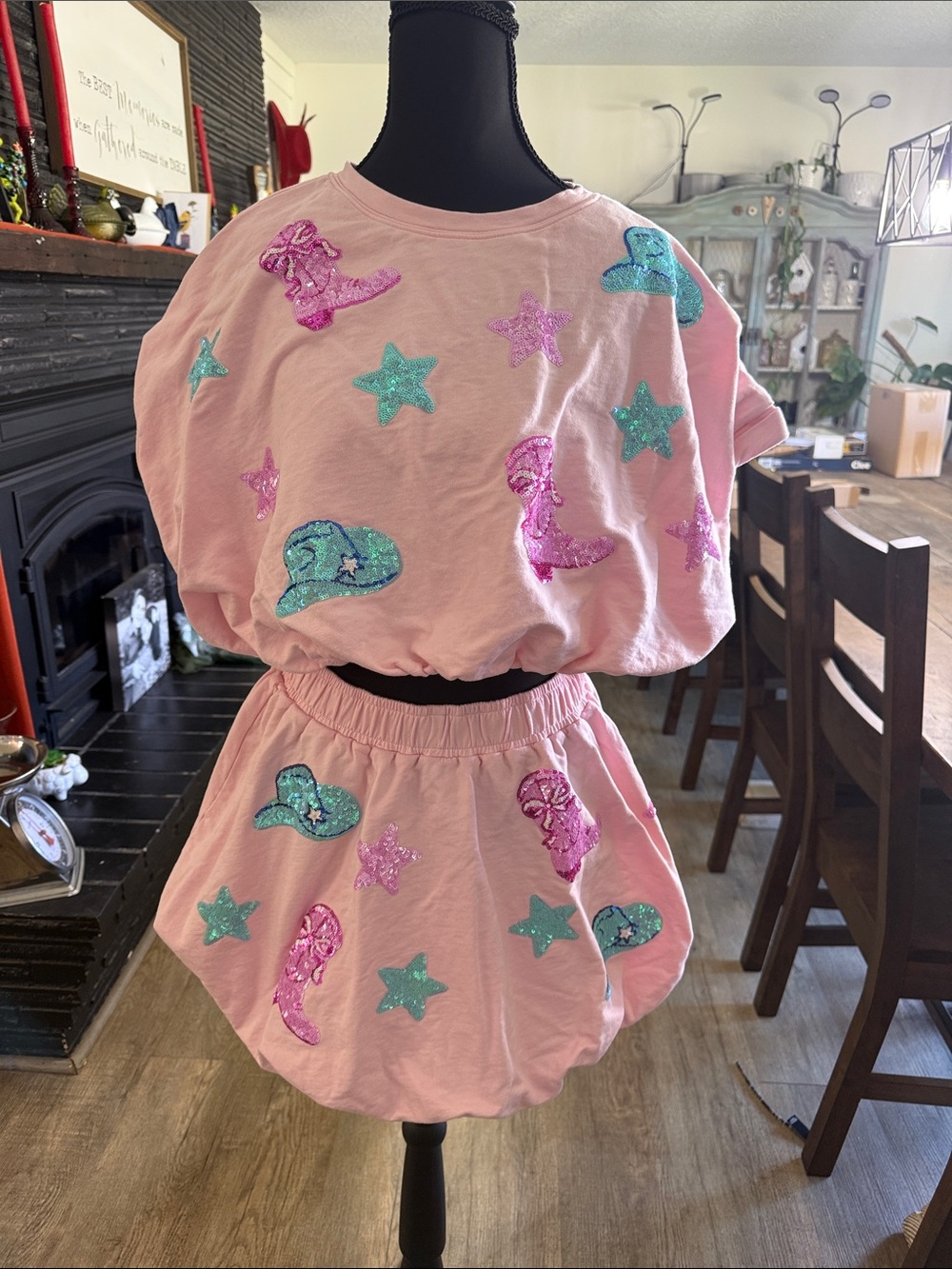 Peach Love California Pink Mini Skirt with Turquoise & Fuchsia Sequin Stars